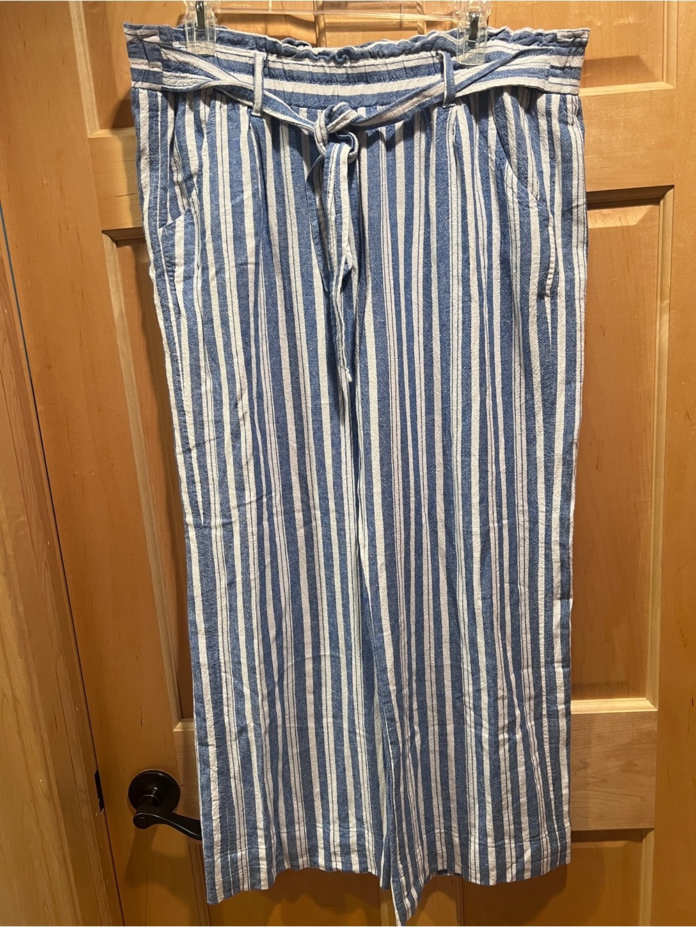Jolt Linen Blend Blue White Stripe Wide Leg Women Pants Coastal Beach Boho XL